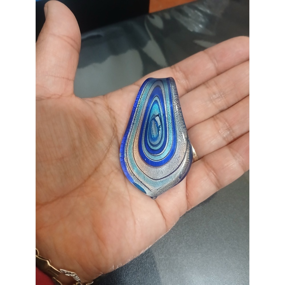 Artisan Hand Blown Glass Pendant Blue Silver Dichroic Swirl Teardrop Statement